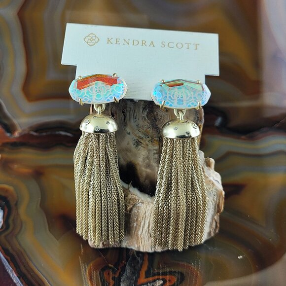 New Kendra Scott Freya Gold Tassel Statement Earrings Dichroic Glass - Picture 4 of 6
